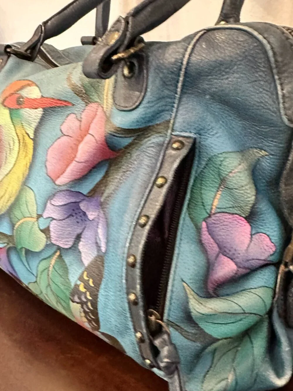 Anushka Hand Painted Leather Satchel Bag Butterfly Bird Floral Turquoise Baes